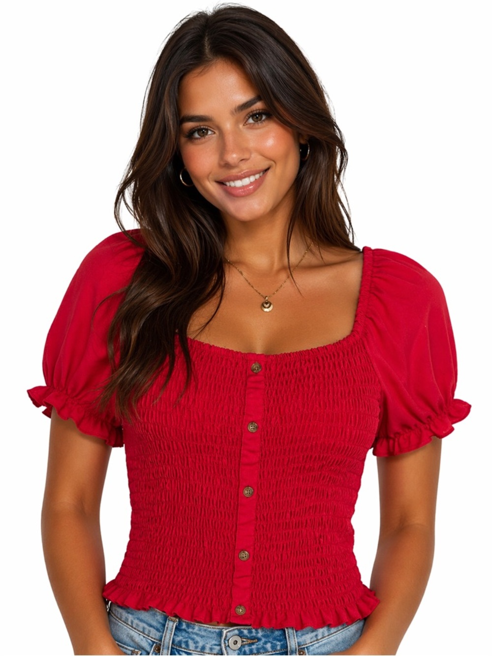3/for $15 🍒 Red Smocked Puff Sleeve Crop Top Blouse (Womens X-Large) - Picture 8 of 8